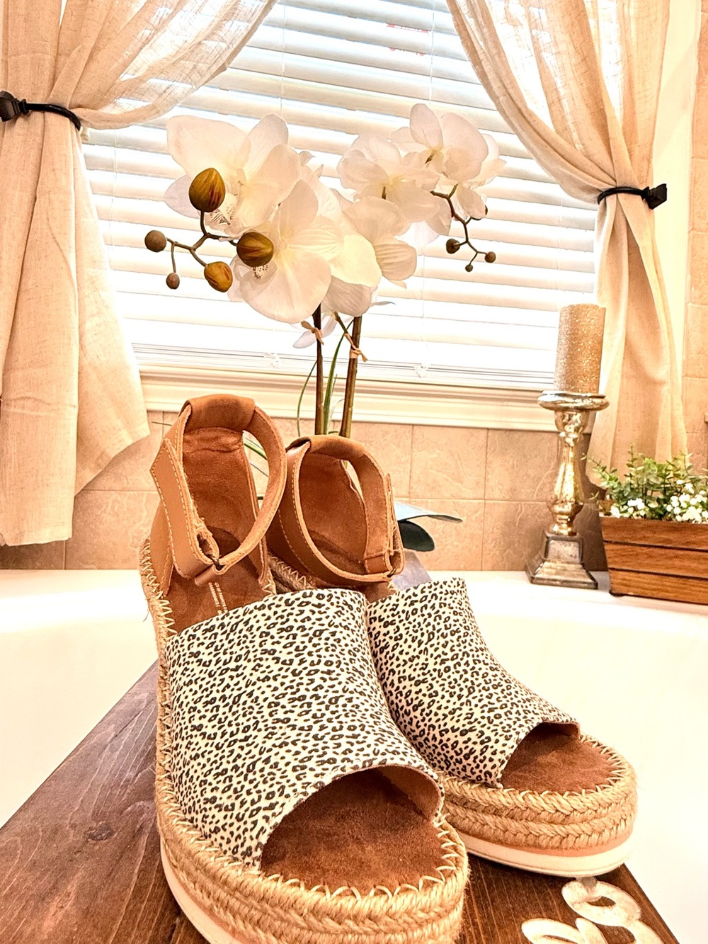 TOMS Wedge Espadrille Sandals in Tan with Leopard Print - Picture 3 of 4